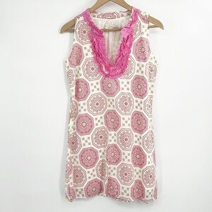 Tracy Negoshian Ruffle Neck Dress Sleeveless Geometric Print Pink size Small